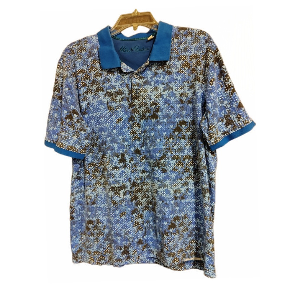 Robert Graham Mens Blue Coupe Classic Short Sleeve Polo Shirt Damask Large Golf